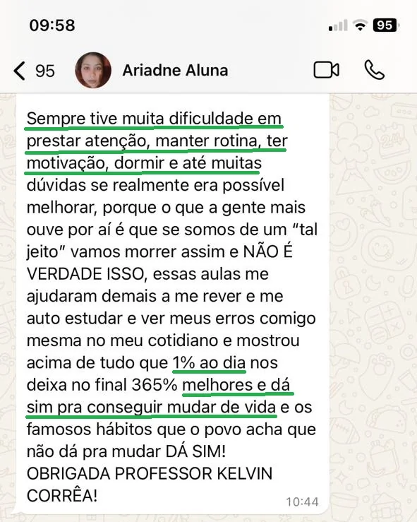 Print de conversa no WhatsApp com depoimento da aluna Ariadne