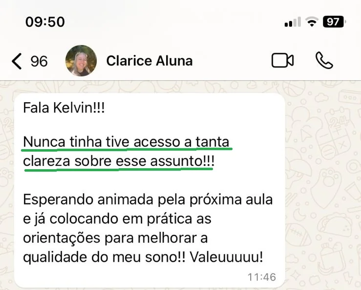 Print de conversa no WhatsApp com depoimento da aluna Clarice