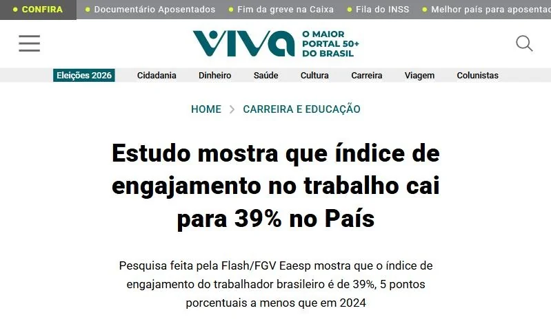 Matéria sobre pesquisa Engaja S/A e FGV mostrando índice de engajamento de 39% no trabalho