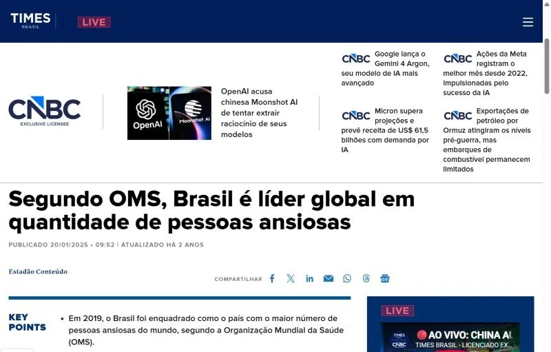 Matéria sobre OMS apontando o Brasil como líder global em pessoas ansiosas