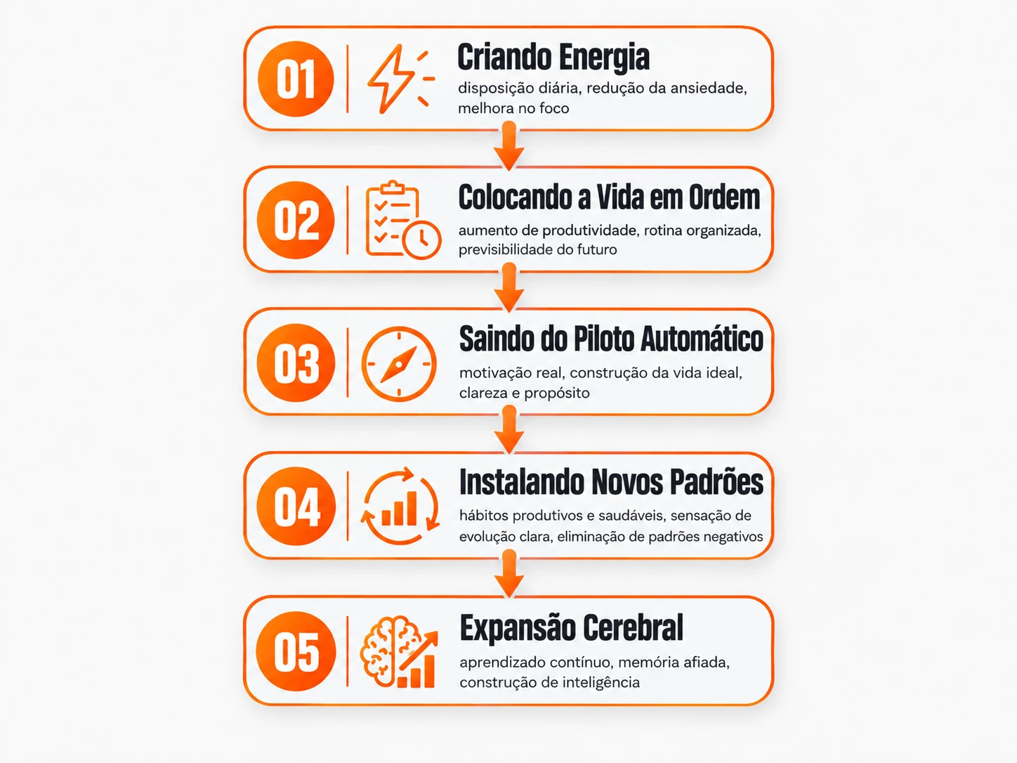 Trilha das 5 fases do método Performance Saudável: Criando Energia, Colocando a Vida em Ordem, Saindo do Piloto Automático, Instalando Novos Padrões e Expansão Cerebral